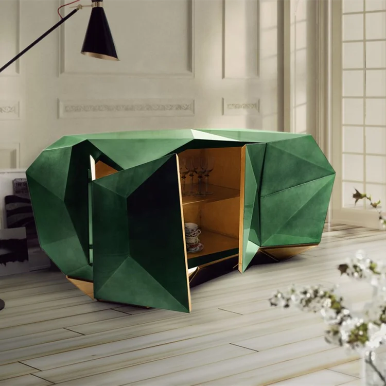 Modern Luxury Wood Sideboard with Green Diamond Design High Gloss Living Room Cabinet for Dining Bedroom Hotel Hall Use