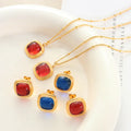 Jewelry 18K Gold Plated Blue Red Square Crystal Pendant Necklaces Titanium Steel Zircon Necklace Earring Sets YF2832