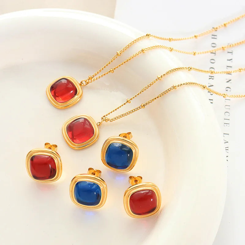 Jewelry 18K Gold Plated Blue Red Square Crystal Pendant Necklaces Titanium Steel Zircon Necklace Earring Sets YF2832