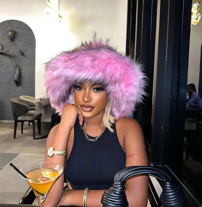 Fashion Pink Punk Y2K Girls Wide Brim Furry Plush Cap Oversize Winter Warm Faux Fur Bucket Hat for Women