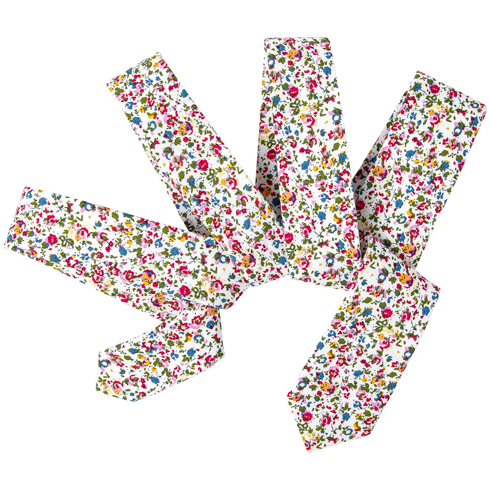 Moden Fashion White Background With Pink Rose Green and Blue Small Flowers 100% Cotton Printed Soft Neck Tie Ready to Ship