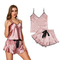 High Quality Women's Satin Silk Pajama V Neck Cami Top With Self Tie Shorts Set Silky Lace Nightwear Lingerie Short Sleepwear