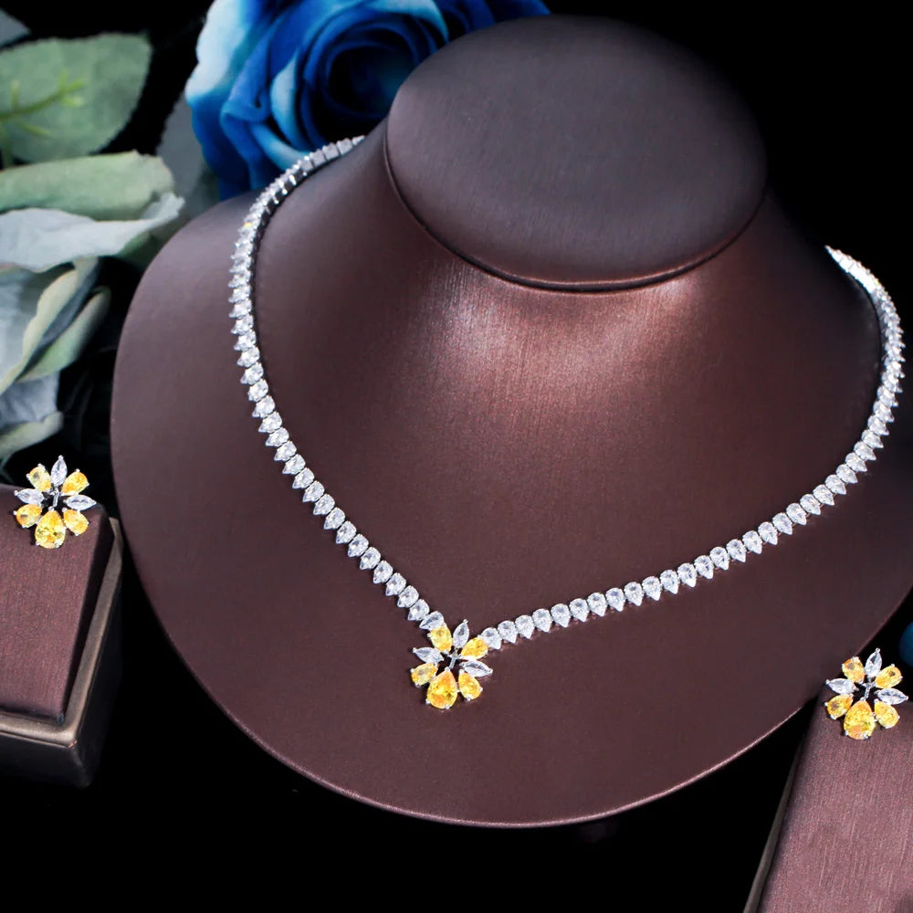 Shiny Yellow Cubic Zircon Crystal Women Party Engagement Wedding Flower CZ Necklace and Earrings Jewelry Set Bridesmaid Gift MegaBDM