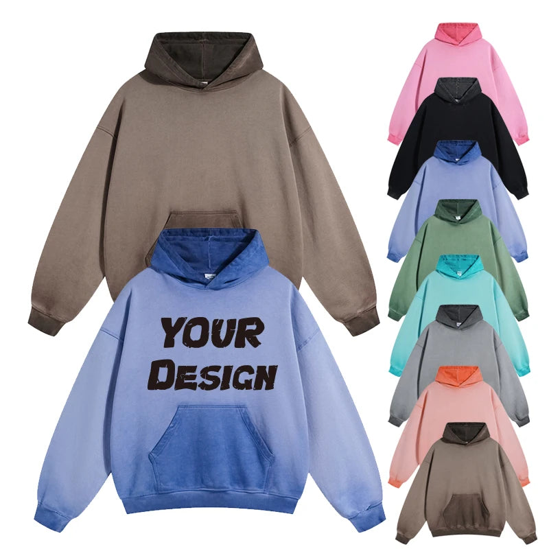 New 430gsm Reverse Bottom Fried Color Distressed Washed Hooded Sweatshirt Men's 100% Cotton Sun Faded French Terry Hoodie