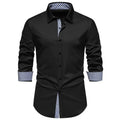 RNSHANGER New Men's Polyester Cotton Solid Black Shirts Long Sleeve Patchwork Social Casual Elegant Silm Fit Men Dress Shirt