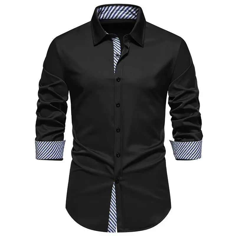 RNSHANGER New Men's Polyester Cotton Solid Black Shirts Long Sleeve Patchwork Social Casual Elegant Silm Fit Men Dress Shirt
