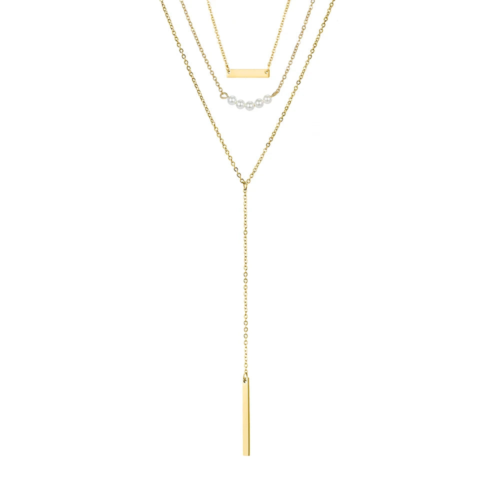 EManco Pearl Bar Pendant Necklace Women Minimalist Stainless Steel Necklace Set Vintage 14k Gold Plated  Jewelry