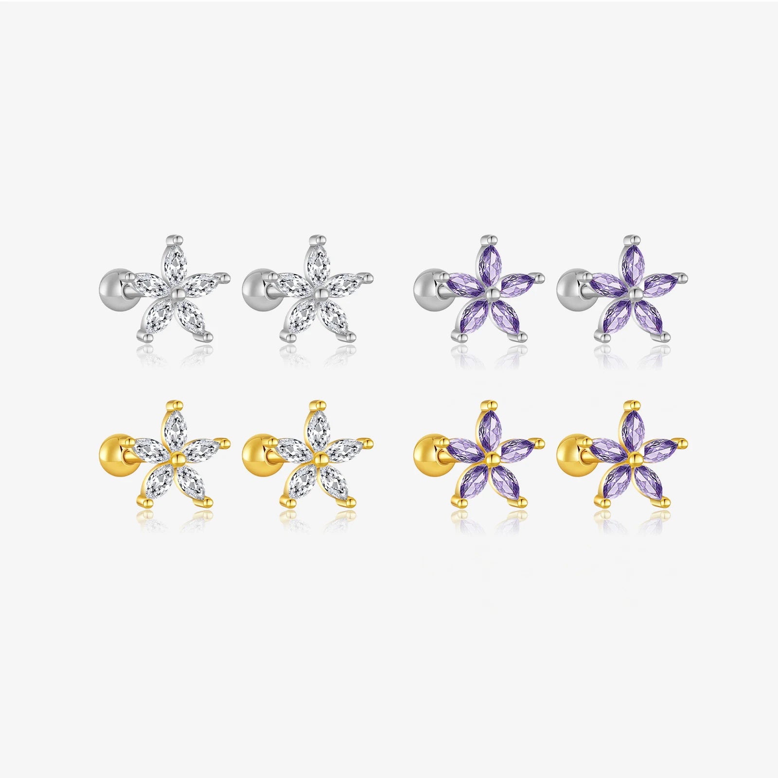 FUAMAY Aretes De Plata 925 Silver White Purple Zircon Leaf Stud Earring Flower Earrings