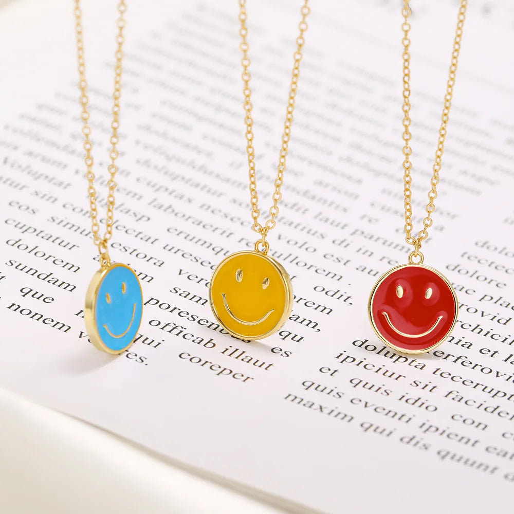 2023 New Smiling Face Necklace 18K Gold Plated Color Fashion Jewelry Dripping Oil Copper Smile Pendant Necklace for Girls