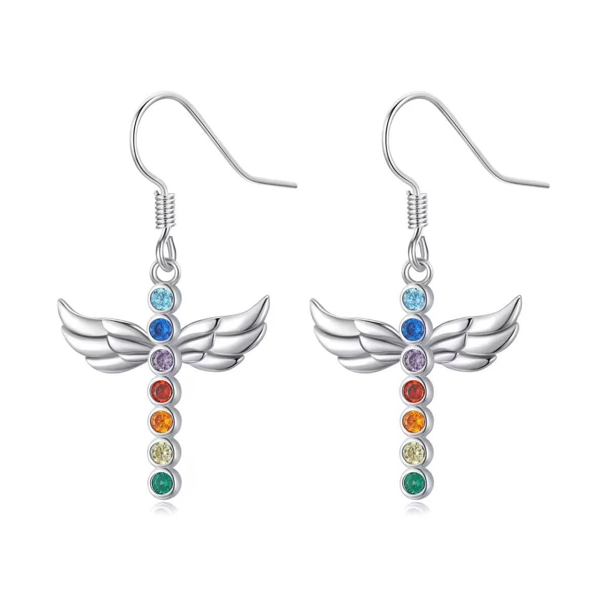 Fine Jewelry 925 Sterling Silver Rainbow Zircon Chakra Wing Cross Hook Pendant Earrings