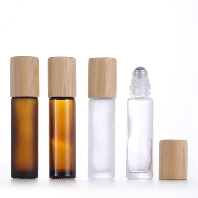 10ml Frosted clear Amber Glass Roll on Bottle for Perfume Essential Oil With Real Bamboo Lid and Steel Roller