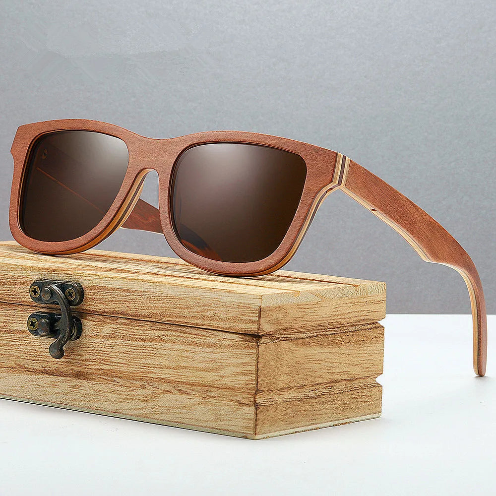 Wholesale Custom Logo Polarized Wood Sunglasses Layered Brown Square Polarized Skateboard Wooden Sunglasses Women Men