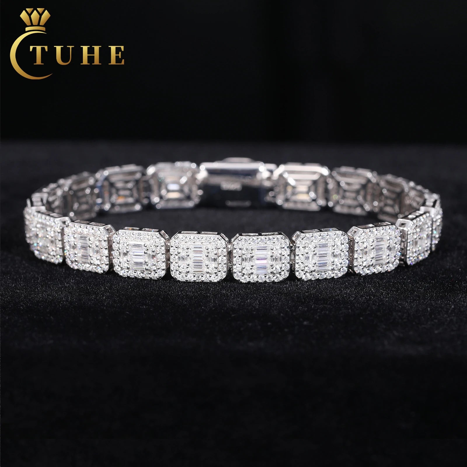 Fashion Hip Hop Jewelry 8.5mm 925 Sterling Silver VVS Baguette Moissanite Diamond Iced Out Sugar Tennis Bracelet for Men