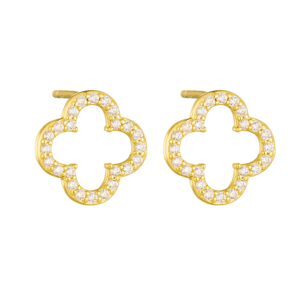 Wholesale Fashion Gold Plated Cubic Zirconia Hollow Four Leaf Clover Stud Earring 925 Sterling Silver Fine Jewelry Earrings