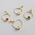 Sweet Heart Pendant Solid Bead Adjustable Rings Colorful Square Zircon Inlay 14K Gold Plated Stainless Steel Link Chain Ring