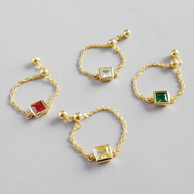 Sweet Heart Pendant Solid Bead Adjustable Rings Colorful Square Zircon Inlay 14K Gold Plated Stainless Steel Link Chain Ring