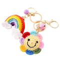 Promotional Knitted Yarn Rainbow Samile Face Flower Keychain Pendant Tag with Screw Locking Wire Loop or Lobster Clip Wholesale