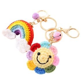 Promotional Knitted Yarn Rainbow Samile Face Flower Keychain Pendant Tag with Screw Locking Wire Loop or Lobster Clip Wholesale