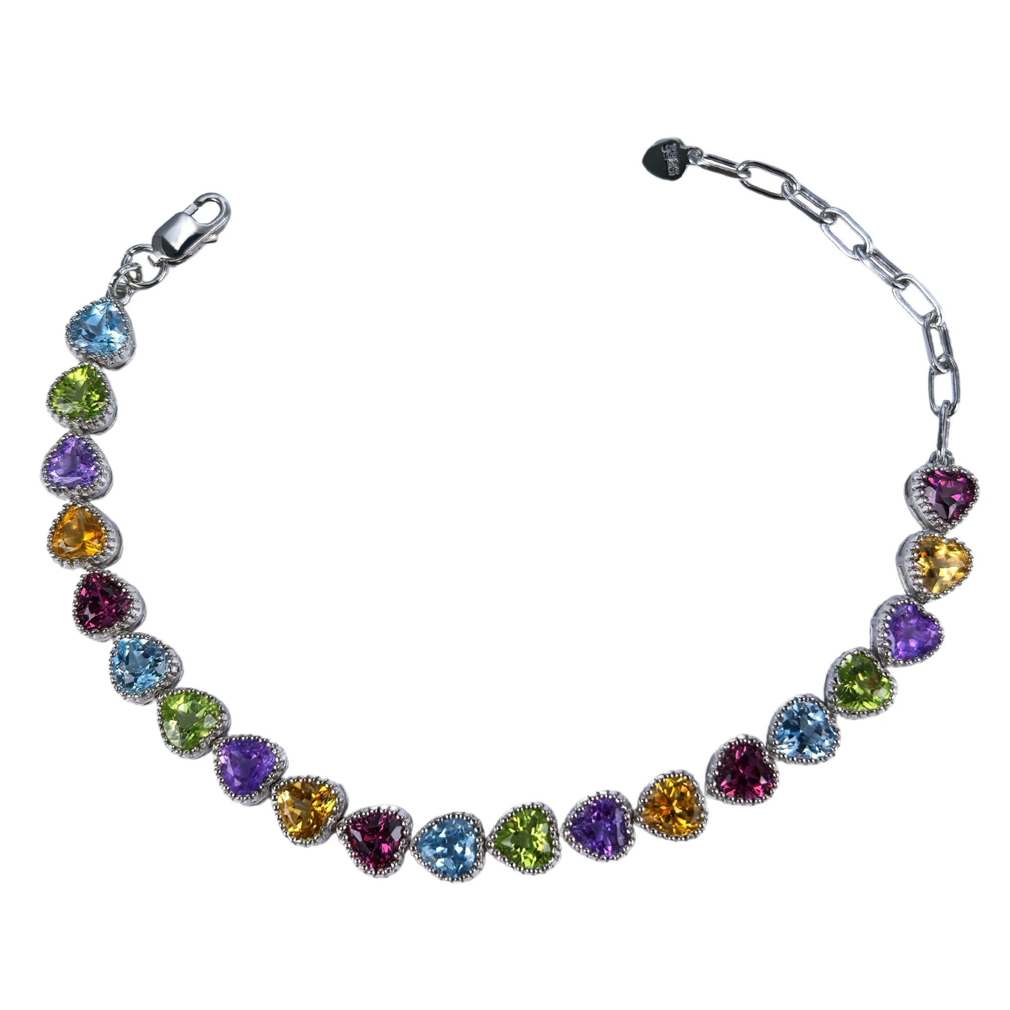 Delicate Rhodium Plated Silver 925 Jewelry Multiple Natural Gemstone Heart Bracelet for Women Birthday Gift