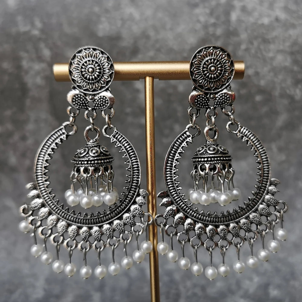 Indian Traditional Jhumka Earrings Flower Design Gold Plated Alloy Vintage Ethnic Long Dangle Wedding Jewelry Gifts for Women