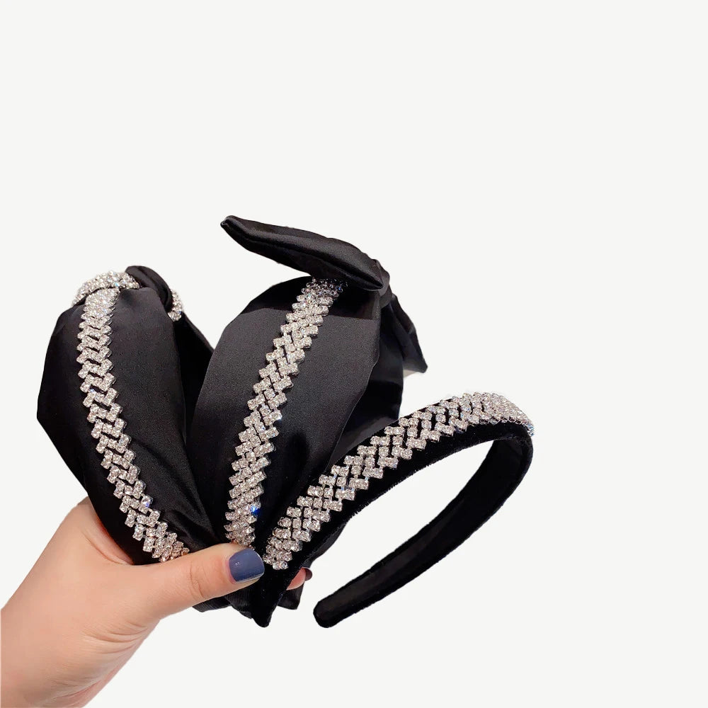 New Fashion Bling Designer Women Crystal Diamond Rhinestone Headbands Black Wide Edge Bow Headband Hairband for Women
