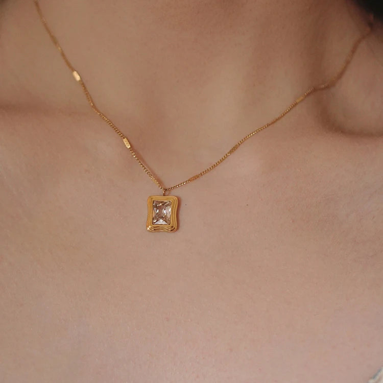 18K Gold Plated Square Cubic Zirconia Diamond Pendant Necklaces Stainless Steel