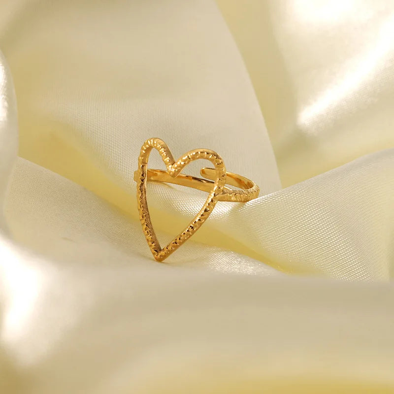 Fashion Stainless Steel Open Adjustable Uneven Cratering Grain Texture Heart Ring for Women
