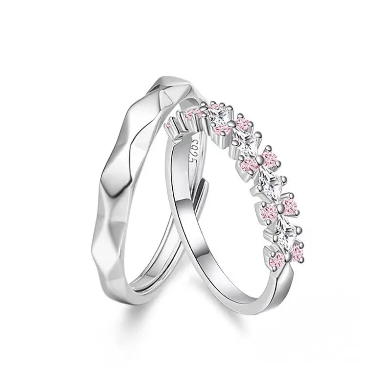 S925 Platinum Plated Romantic Sparkling Pink Zircon Romantic Couple Rings for Women Men Wedding Engagement Jewelry Ring