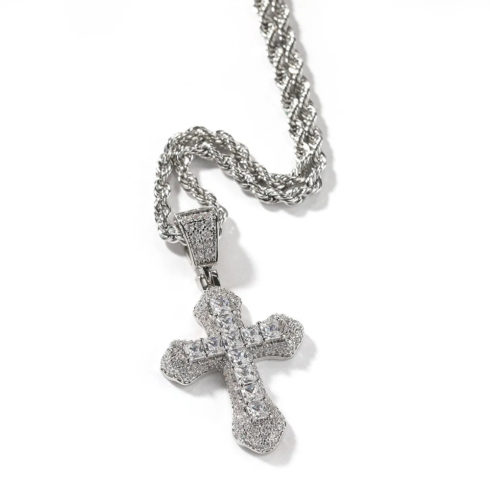 Hip Hop New Fashion Link Chain Necklace Iced Blue Zircon Cross Pendant Brass Copper Moissanite Main Stone Chokers Necklaces