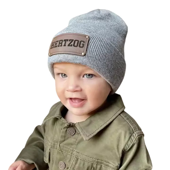 Custom Bulk Winter Knitted Beanie Custom Engravable Leatherette Patch Baby Hats Leather Patch Winter Beanies with Custom logo