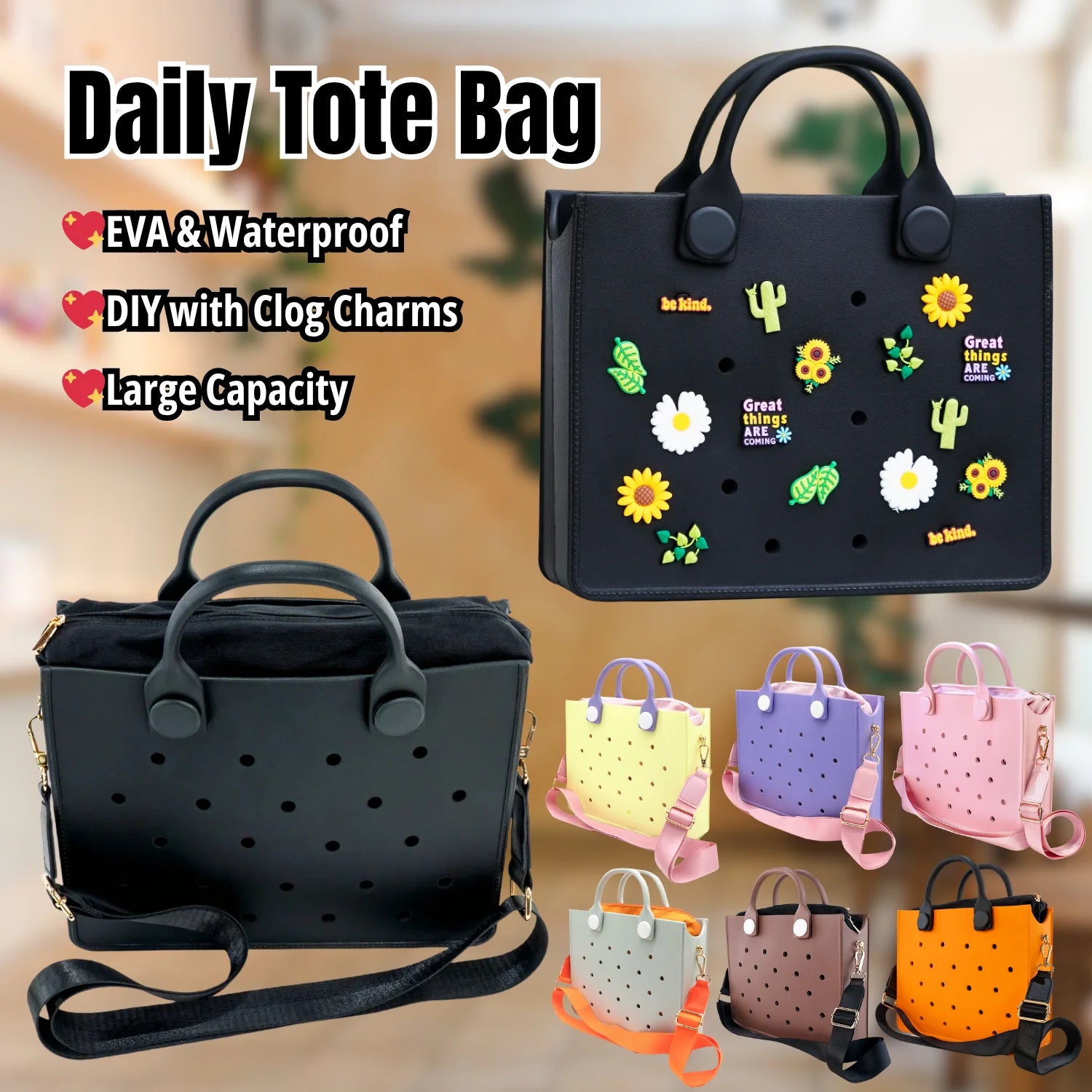 Durable EVA Shoulder Handbag for Shopping Office Work Customizable DIY Clog Shoe Charms Trendy Daily Accessory Woman Handbag