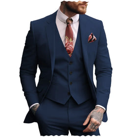 Formal Notch Lapel Navy Blue Men Suits Custom Made Wedding Tuxedo Suits 3 Pieces Regular Fit Jacket+Vest+Pants for Prom Party