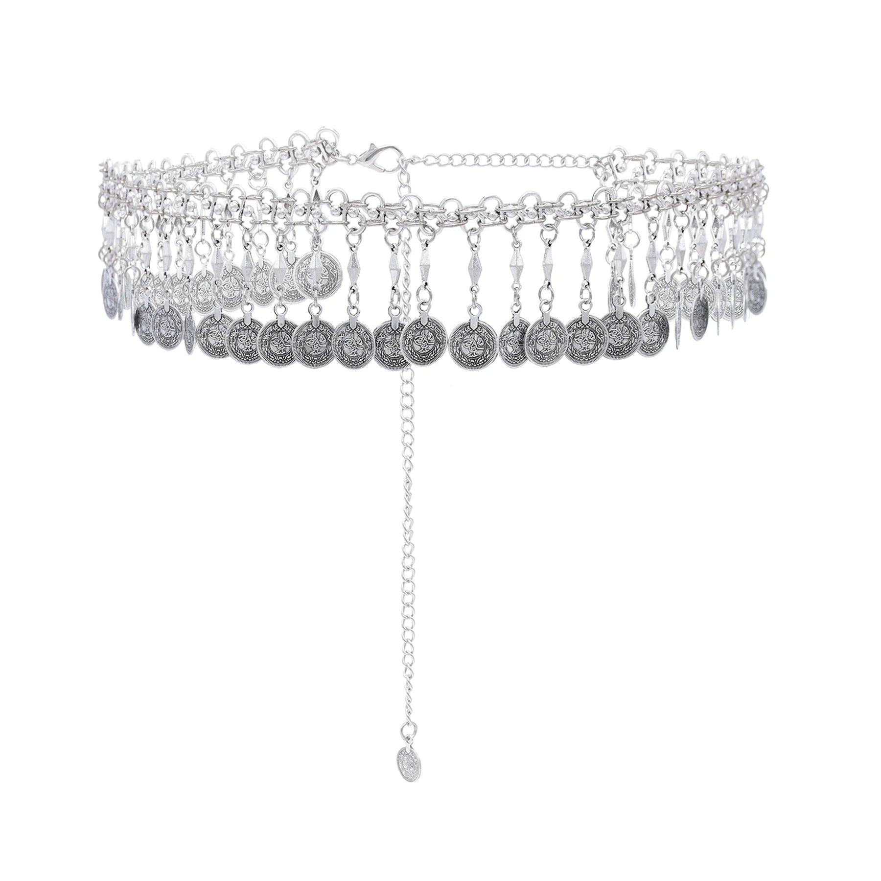 Vintage Style Silver Alloy Coin Tassels Women's Belt Adjustable Belly Waist Chain for Girl Trendy Body Jewelry for Party