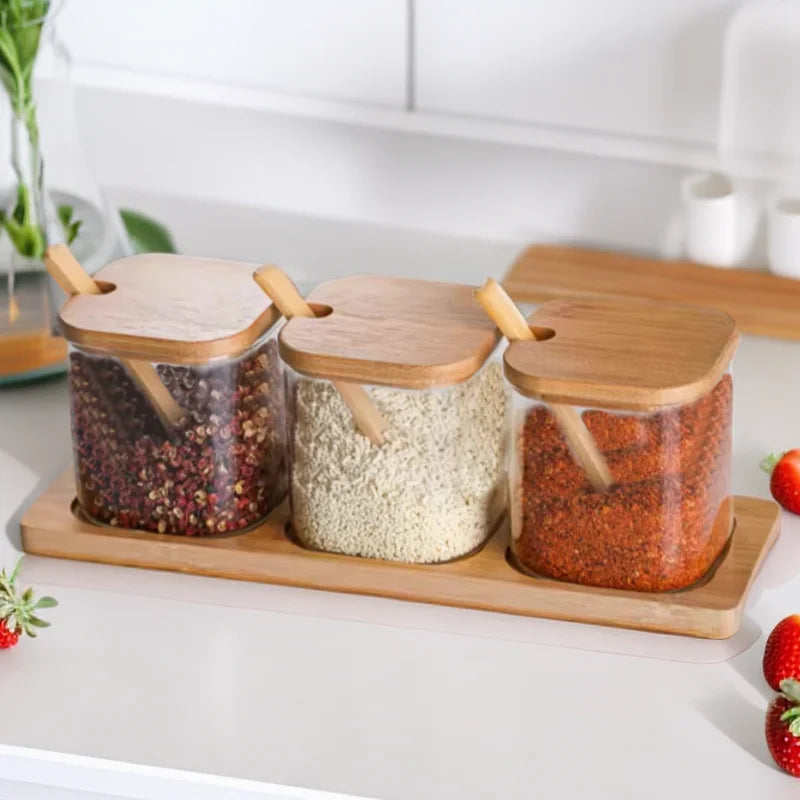 High Borosilicate Kitchen Glass Seasoning Jar Kitchen Seasoning Jar with Wooden Spoon 3 Pieces Canisters Jars Spice Pots