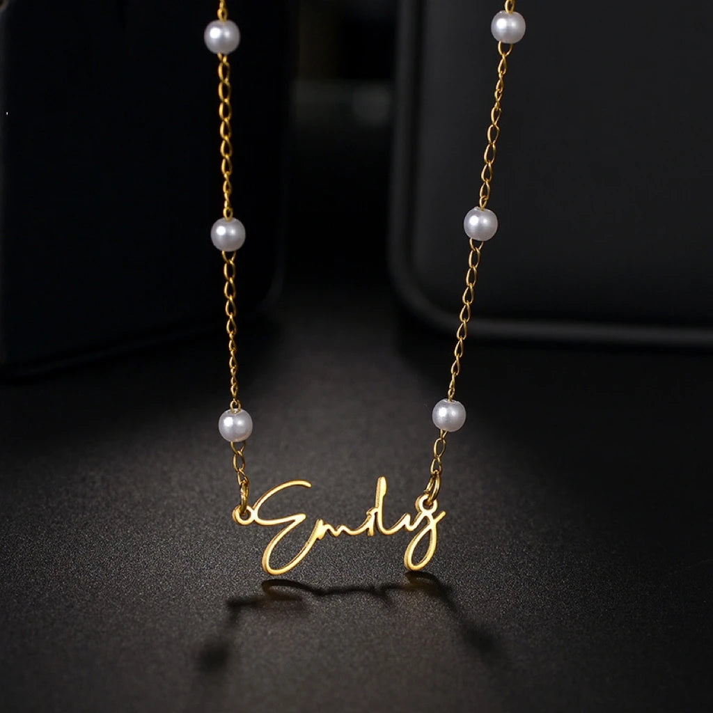 Custom Tiny Name Necklace for Women Personalized Stainless Steel Pearl Chain Link Chain for Anniversary