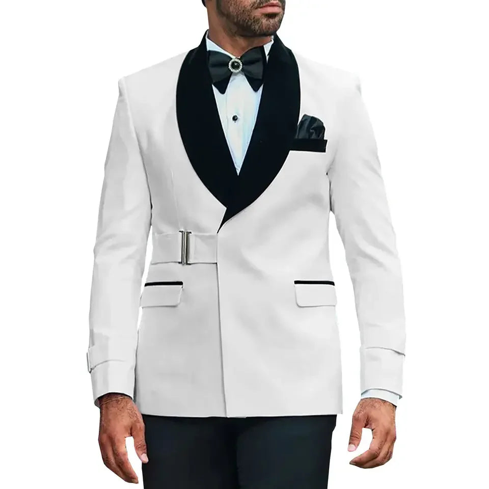 2025 New Formal White Men's Suits With Buckle Regular Fit 2 Piece Tuxedos Velvet Shawl Lapel Belt Blazer Pants for Wedding Groom