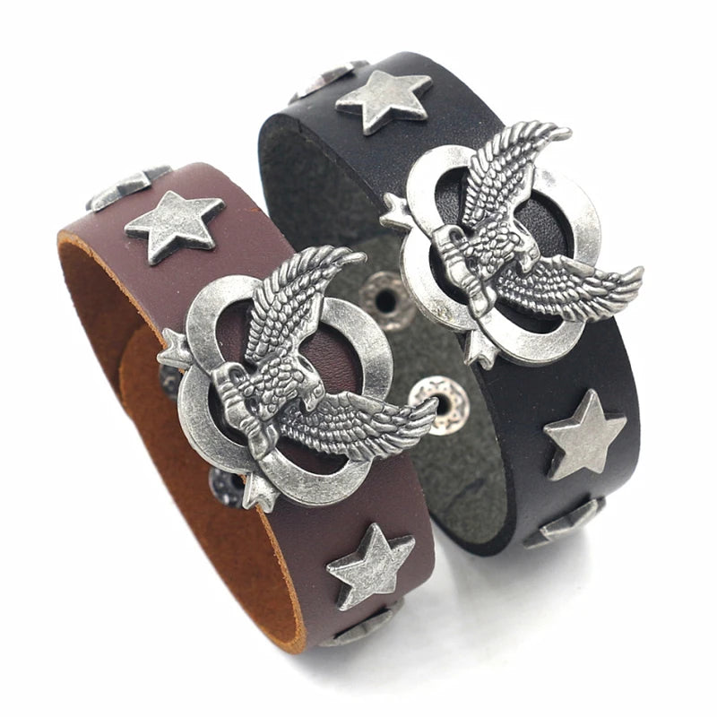 Punk Jewelry Alloy Rivet Eagle Multi-element Wide Leather Bracelet for Men