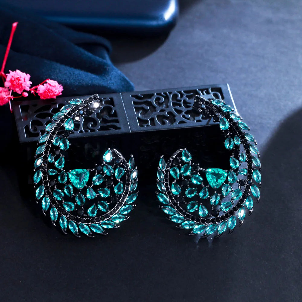 Unique Marquise Cut Black Gun Plated Symmetrical Half Circle Cubic Zirconia CZ Green Drop Earrings for Women Statement Jewelry