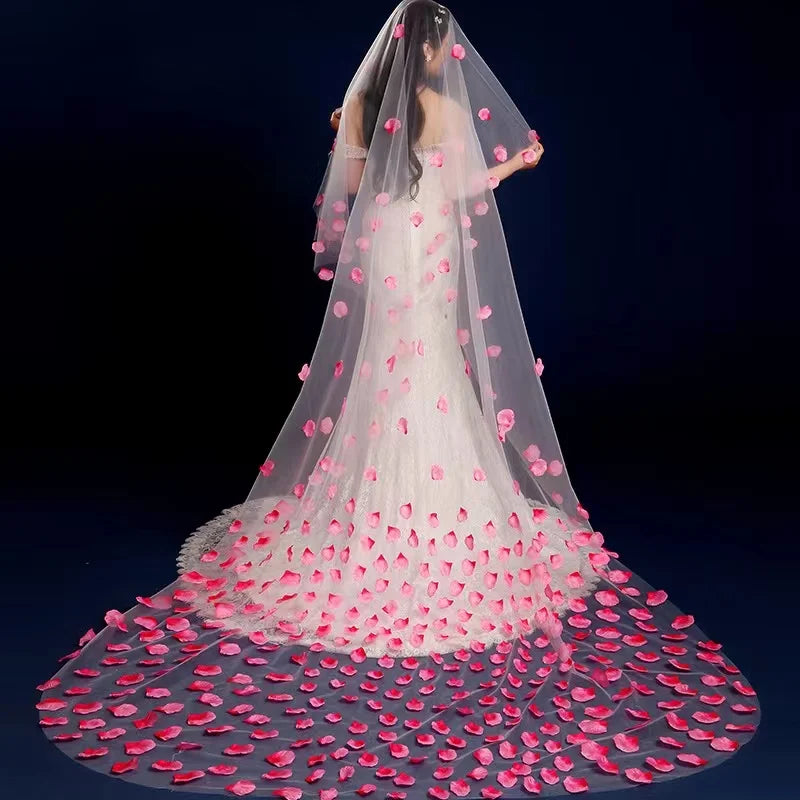 QUEENSGOWN Hotsale Romantic Petal Veil Custom Length Prink Flower Bridal Veil Soft Tulle pink Wedding Veil