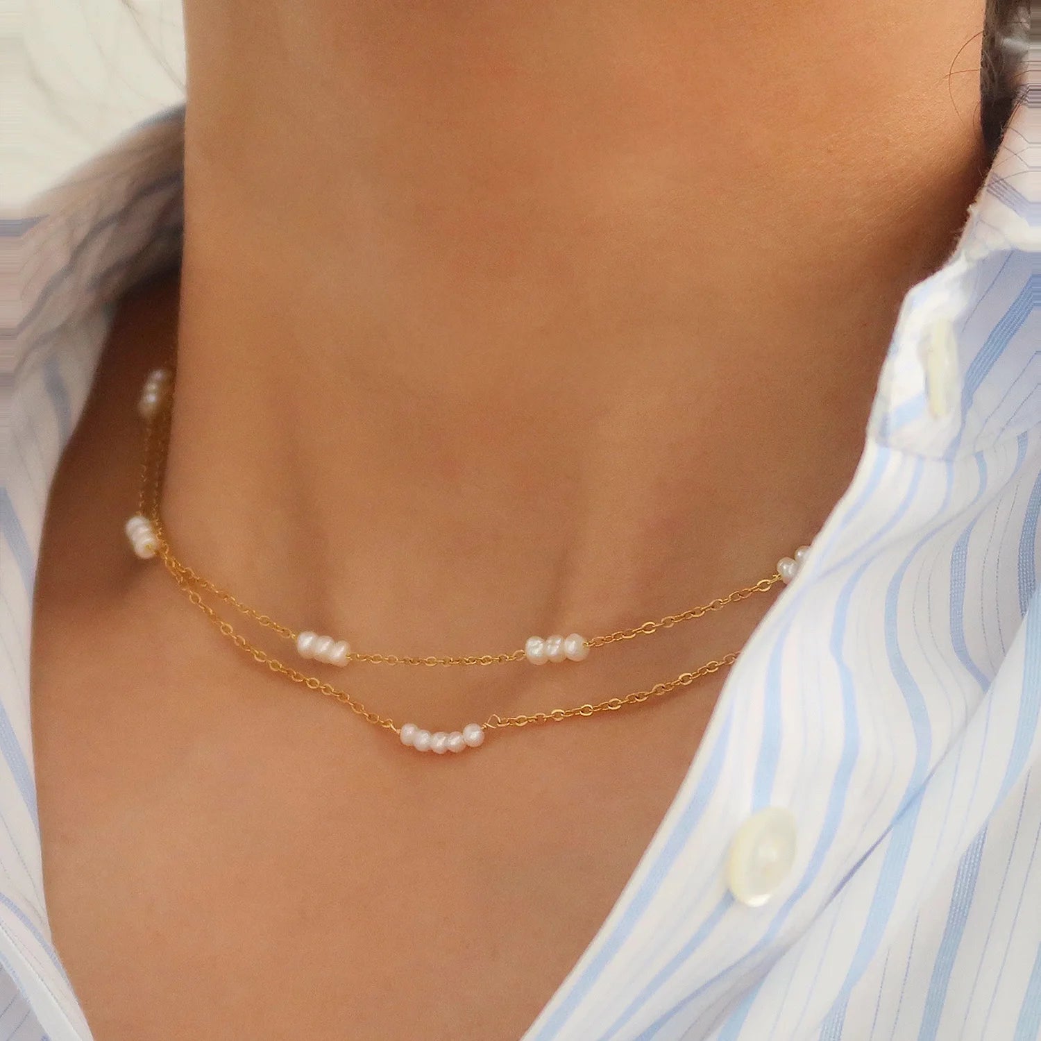 France Natural Freshwater Pearl Necklace Women 18k Gold Plated Stainless Steel Thin Clavicle Chain Pearl Choker Necklace