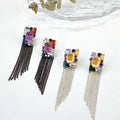 Ilona Handmade Silver Needle Dangle Earrings Trendy Colored Geometric Crystal Drop Jewelry with Long Tassel