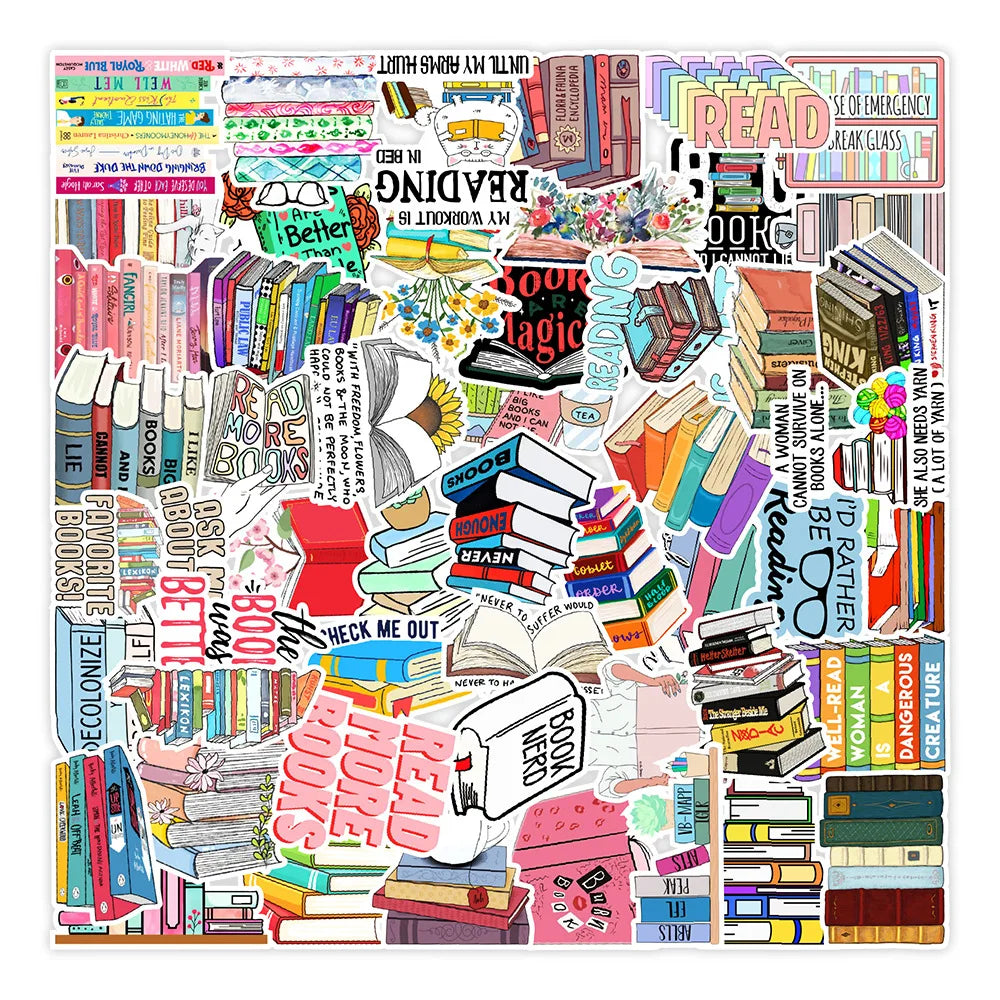 50Pcs Reading Books Library Study Graffiti Sticker for Laptop Notebook Waterproof PVC Book Label Pack