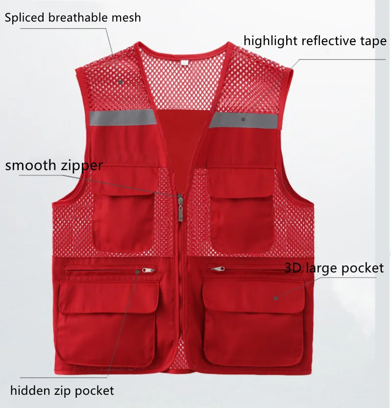 Breathable Photographer Fishing Hunting Construction Team Electrician Safety Reflective Multi-pocket Mesh Driver's Work Vest