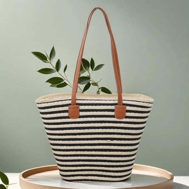 AContrast Color Striped Straw Shoulder Bags for Women Commute ladies Beach Underarm Bag Versatile Female Bucket Tote Handbags