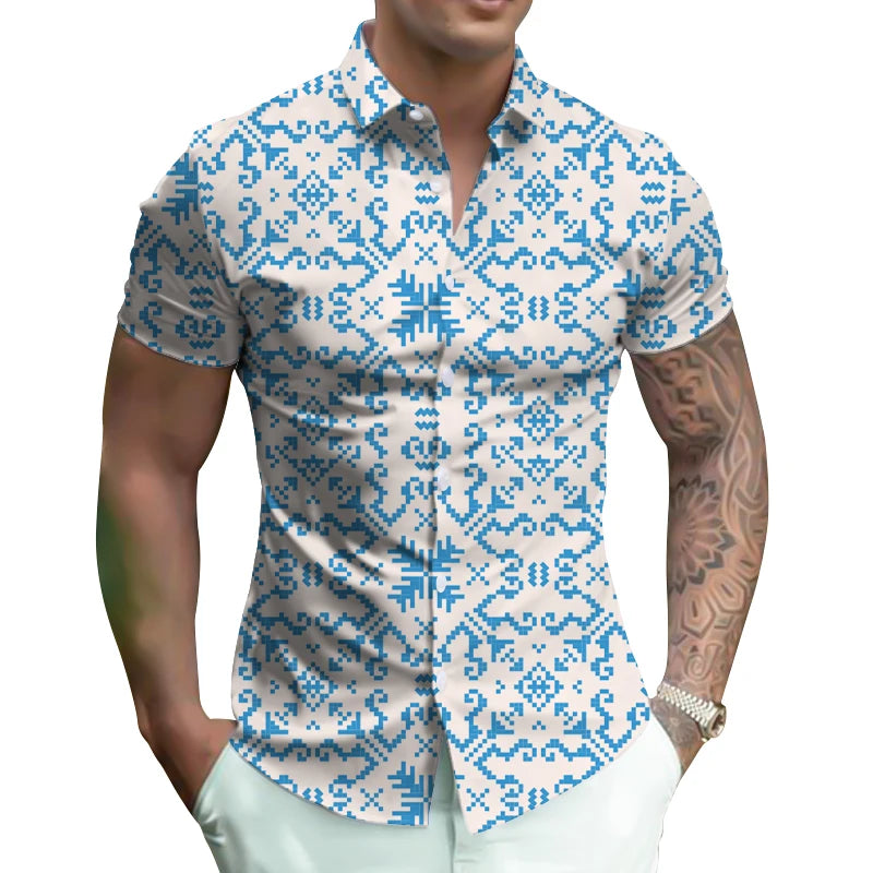 Knitted Casual Shirt for Men Breathable Printed Short Sleeve Summer Oversized