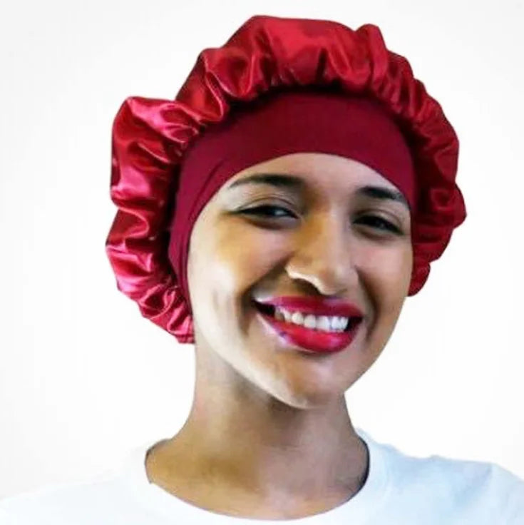 High Elastic Skin-Friendly Soft Polyester/Cotton Satin Seamless Tube Wide Brim Sleep Bonnet for Women Kids Custom Logo Red
