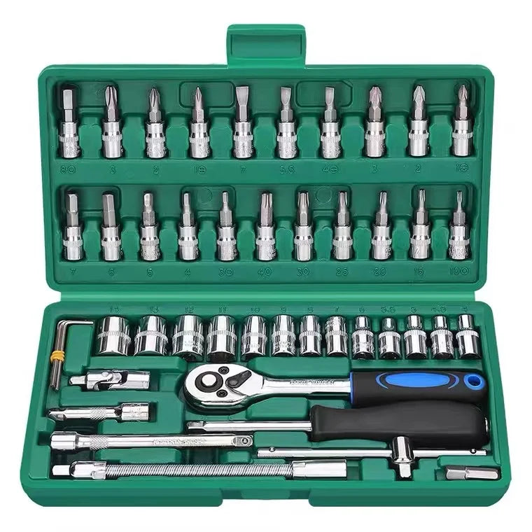 Durable 46-Piece Chrome Vanadium Steel Socket Wrench Sleeve Bit Combination Hand Tools Set Hard Case Portable OEM 1 Year