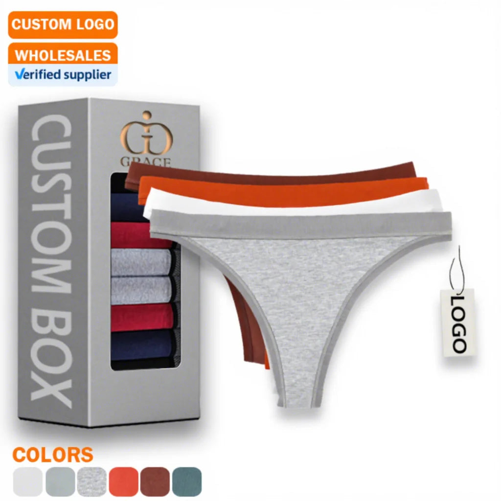 Custom Logo Low Rise Pure Cotton Solid Color Tangas Mujer T-Back Bikini Yoga Sports Brazilian Thong Panties Women Underwear