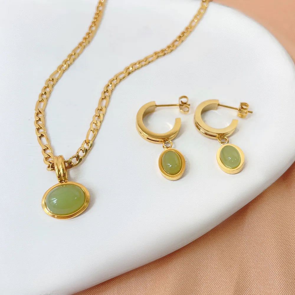 High End Waterproof Jewelry 18k Gold Plated Stainless Steel Necklace Minimalist Green Natural Stone Pendant Necklace for Women