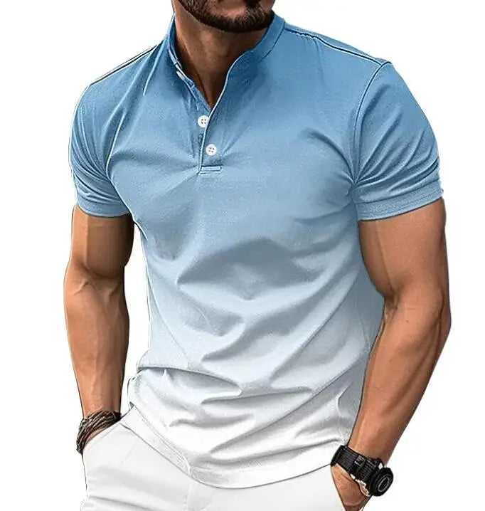 Summer Men's Stand up Collar Gradient Top Casual Short Sleeved Golf T-shirt Henry Shirt Size S-3XL